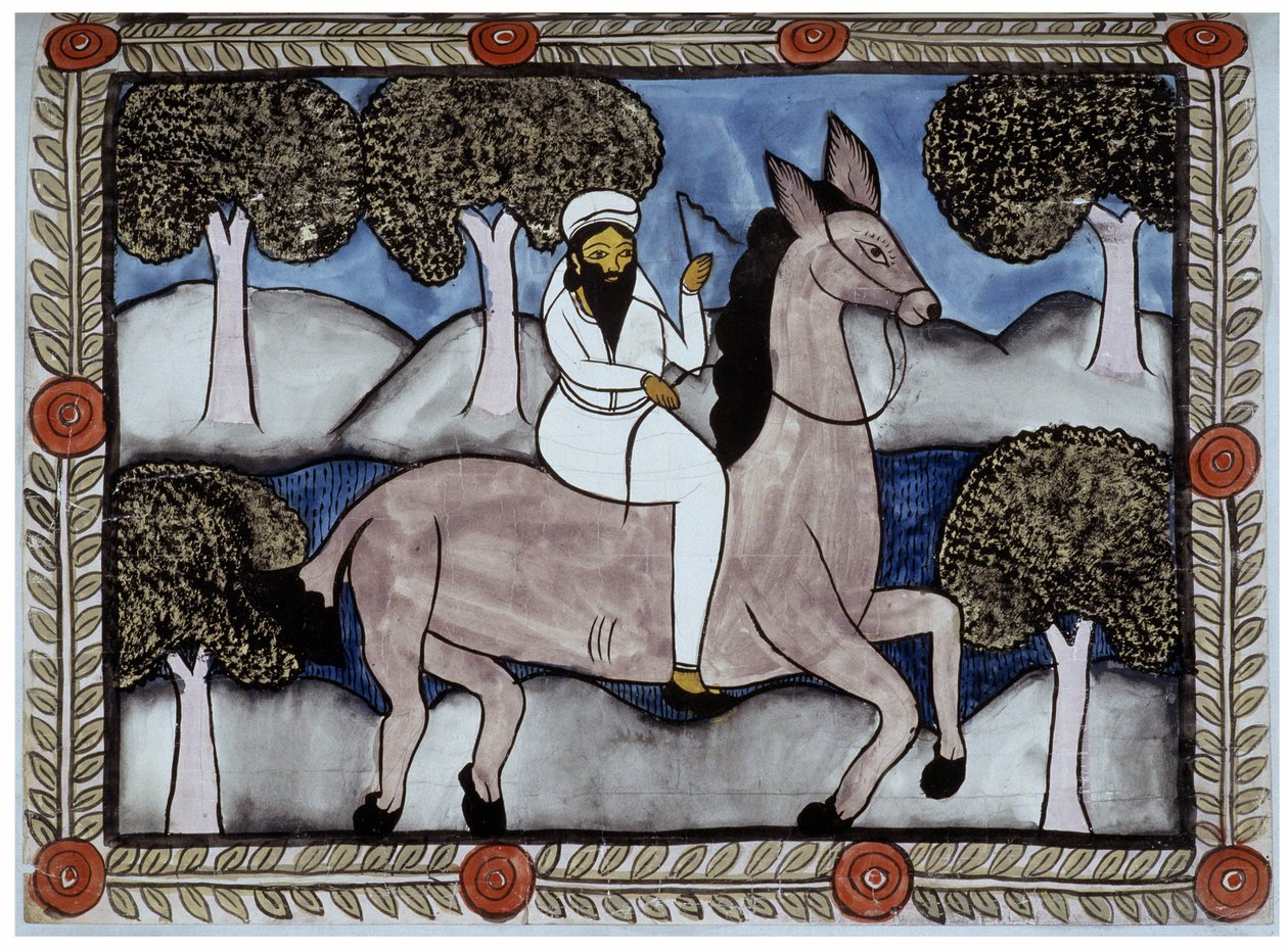 Portret van Osama bin Laden, verhaal van de aanslagen van 11 september 2001 verteld door de Baul-verkopers uit Bengalen. Schilderij, serie, nummer 9/9, Bengalen. door School Indian