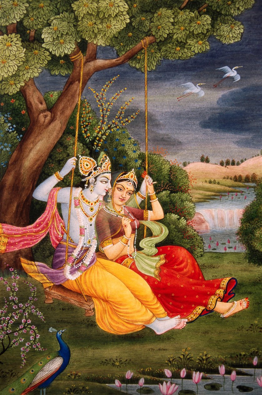 Radha Krishna genietend van Jhoola miniatuurschilderij op papier door School Indian