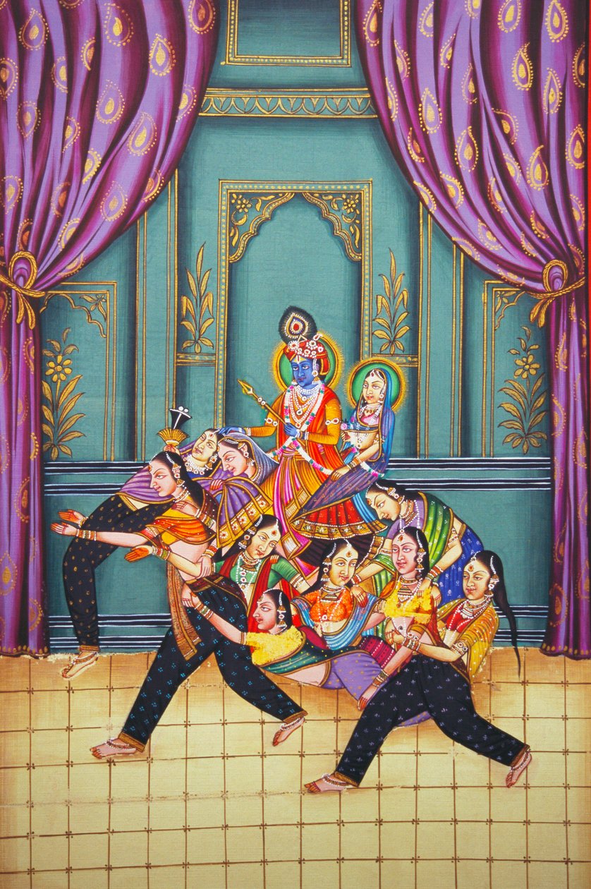Radha Krishna met Sakhis miniatuurschilderij op papier door School Indian