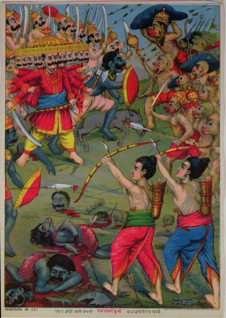 Rama en Lakshmana in gevecht met Ravana, Ramayana epos, ca. 1914 (chromolitho) door School Indian