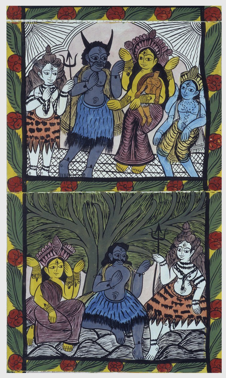 Shiva geeft leven aan Ganesha (Ganesh of Ganapati), in de armen van haar moeder Parvati, nadat hij haar hoofd in een woedeaanval had afgehakt. Pat: geschilderde rol uit de regio Bengalen, die dient als verhalend medium voor muzikanten Baoul (of baul). Leon door School Indian