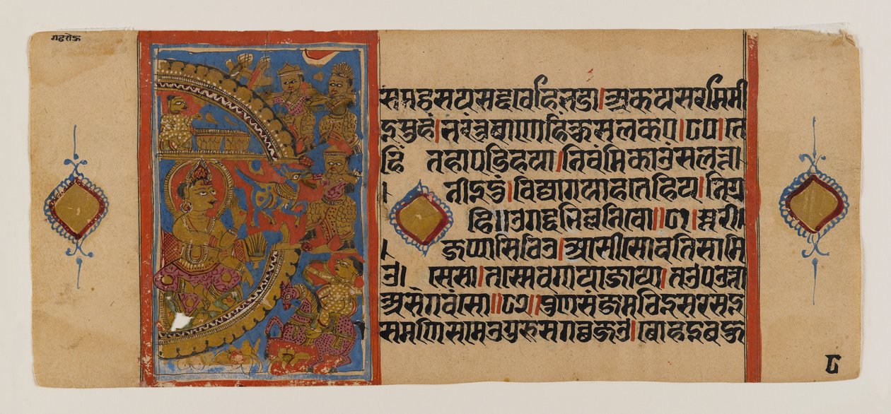 Het beleg van Ujjain en de nederlaag van de magische ezelin, pagina uit een verspreid Jain-manuscript van de Kalakacharya-katha, ca. 15e eeuw door School Indian