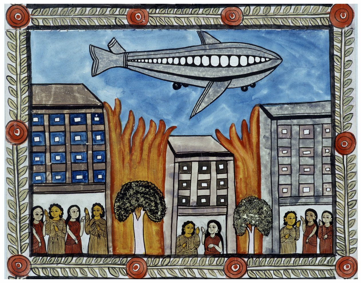 Het verhaal van de aanslagen van 11 september 2001 verteld door de straatverkopers Baul uit Bengalen. Schilderij, serie, nummer 6/9, Bengalen. door School Indian