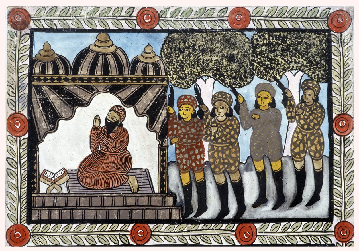 Het verhaal van de aanslagen van 11 september 2001 verteld door de venters Baul uit Bengalen. Schilderij, serie, nummer 1/9, Bengalen. door School Indian