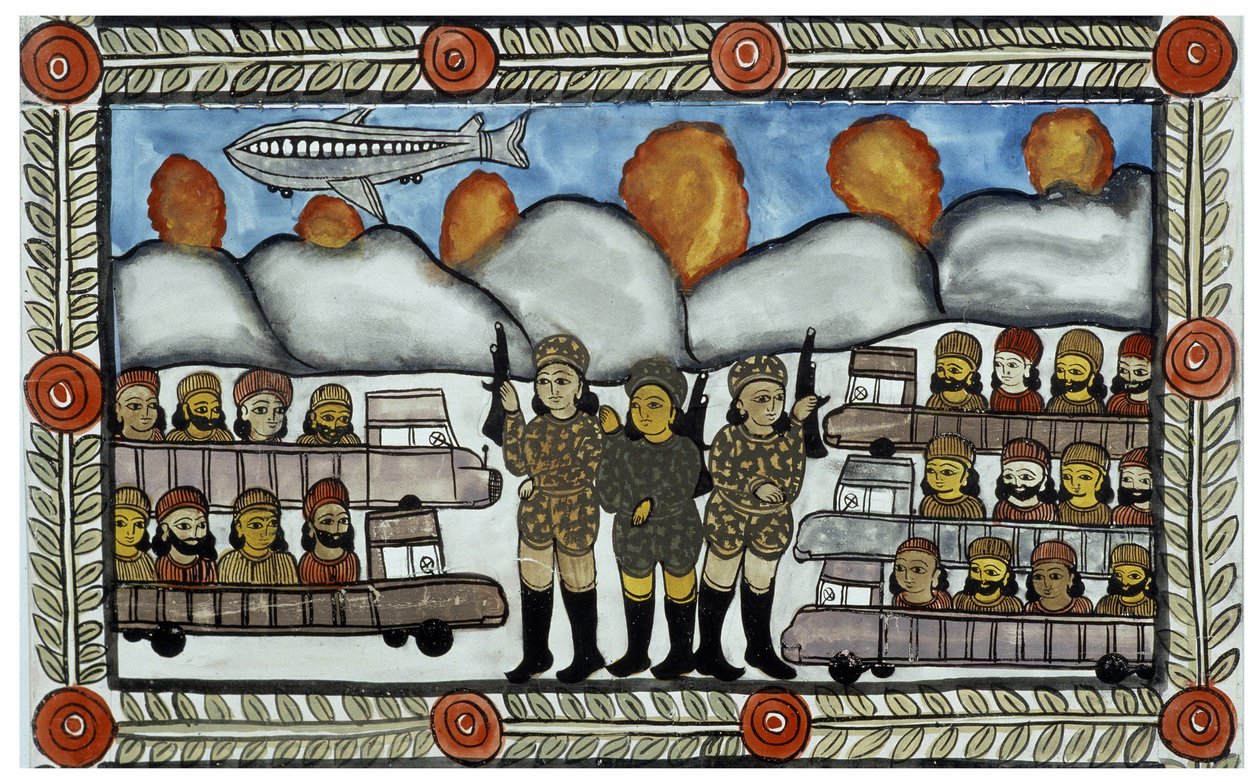 Het verhaal van de aanslagen van 11 september 2001 verteld door de Baul-verkopers uit Bengalen. Schilderij, serie, nummer 8/9, Bengalen door School Indian