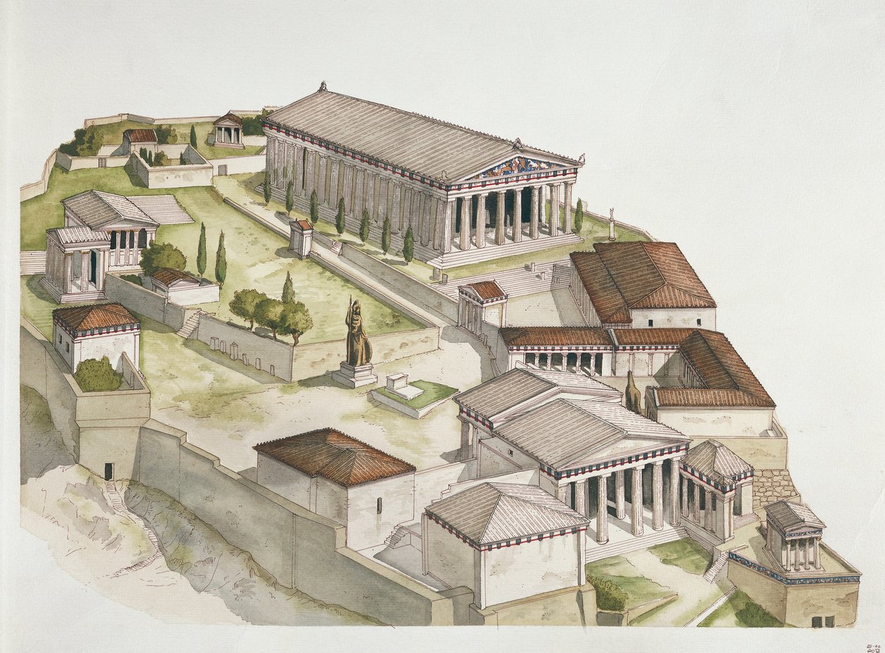 Oud Athene - reconstructie van de Akropolis, 5e eeuw v.Chr. door School Italian