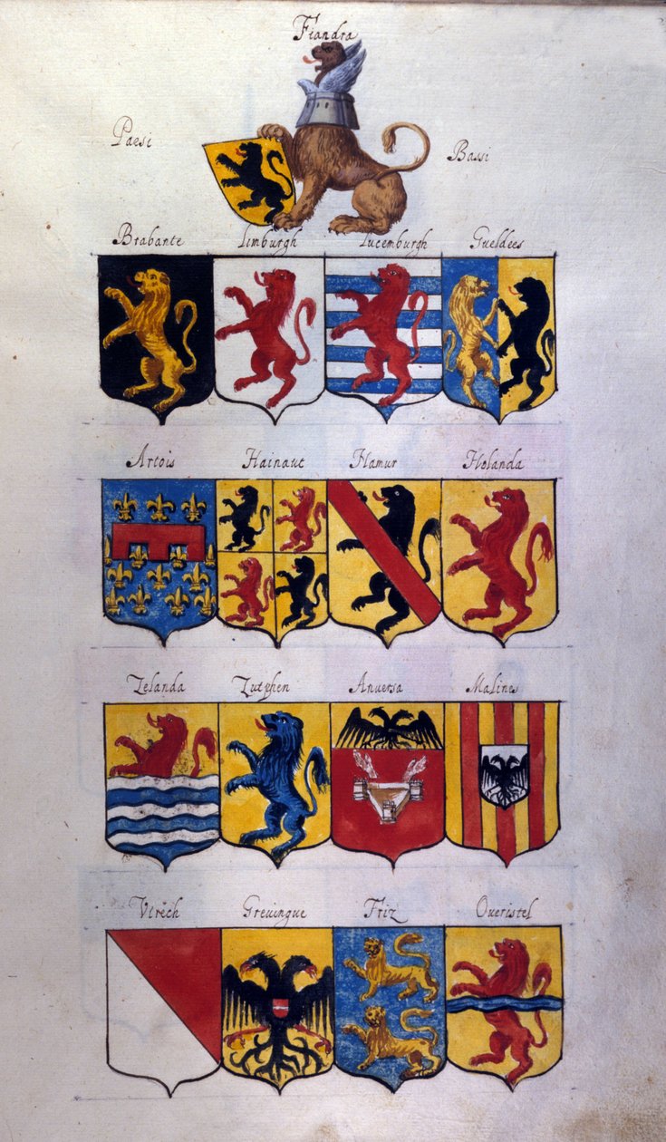 Wapen van Nederland (Holland, Vlaanderen, Henegouwen) met draken, Archivio di Stato van Milaan door School Italian