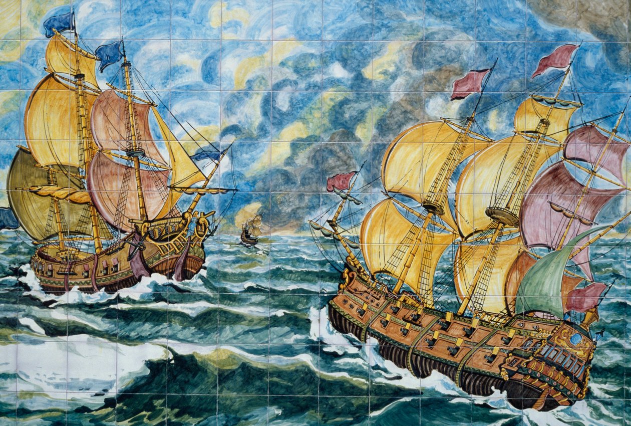 Keramisch paneel dat twee zeilschepen afbeeldt, Detail door School Italian