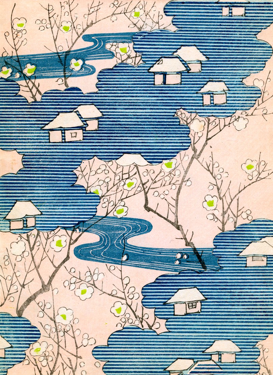 Patroon voor een Kimono-ontwerp: Huisjes met rivieren en kersenbloesems, c.1900 door School Japanese