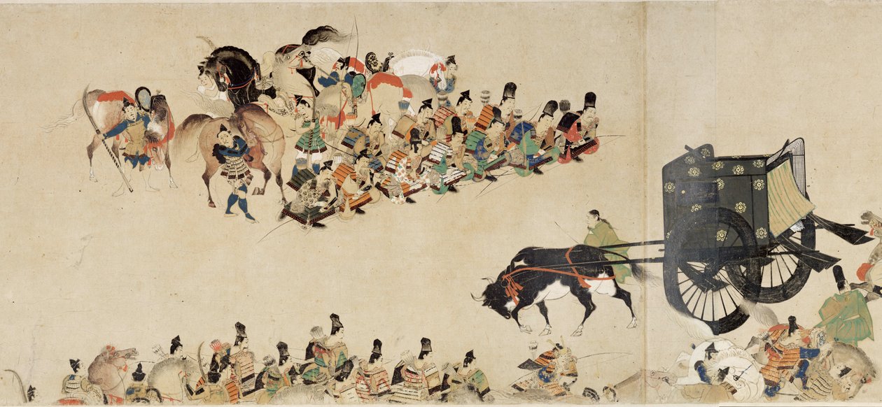 Geïllustreerd verhaal van de Heiji-opstand (1159-1160) (Keizerlijk bezoek aan Rokuhara) - Anoniem, aquarel en inkt op papier, vierde rol door School Japanese