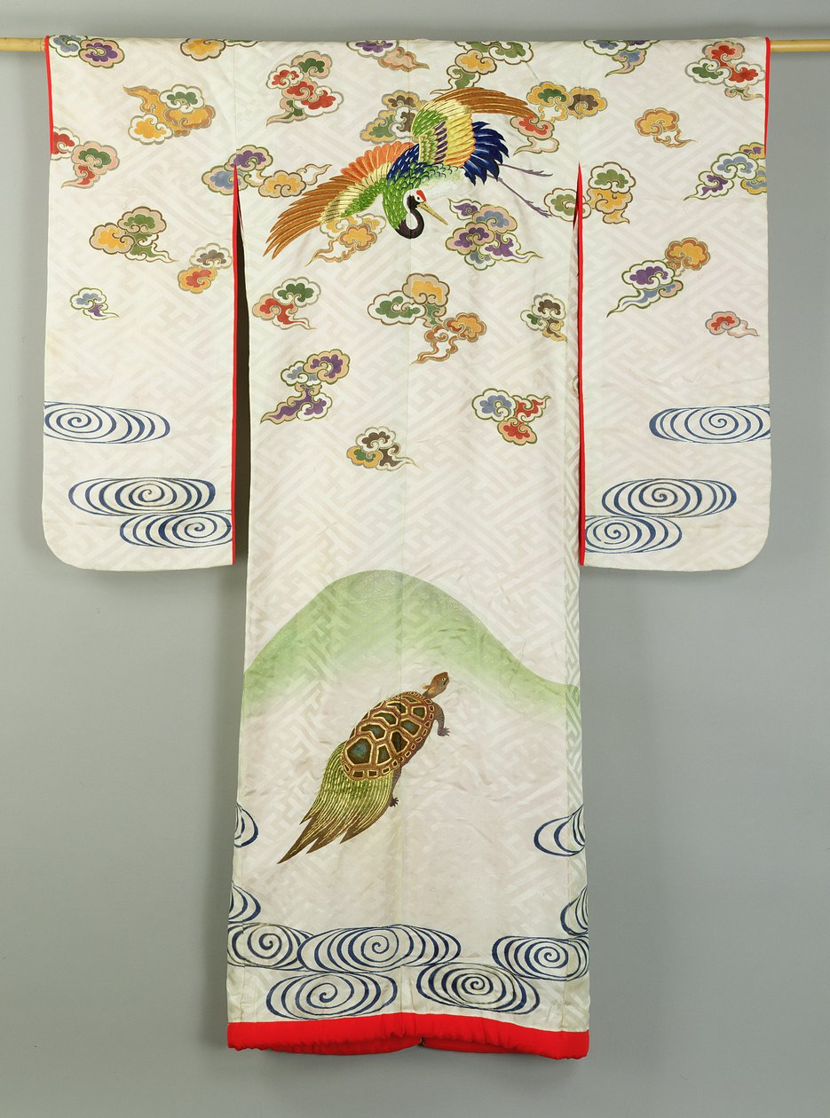 Uchikake Trouwjurk versierd met een Kraanvogel en een Schildpad (textiel) door School Japanese