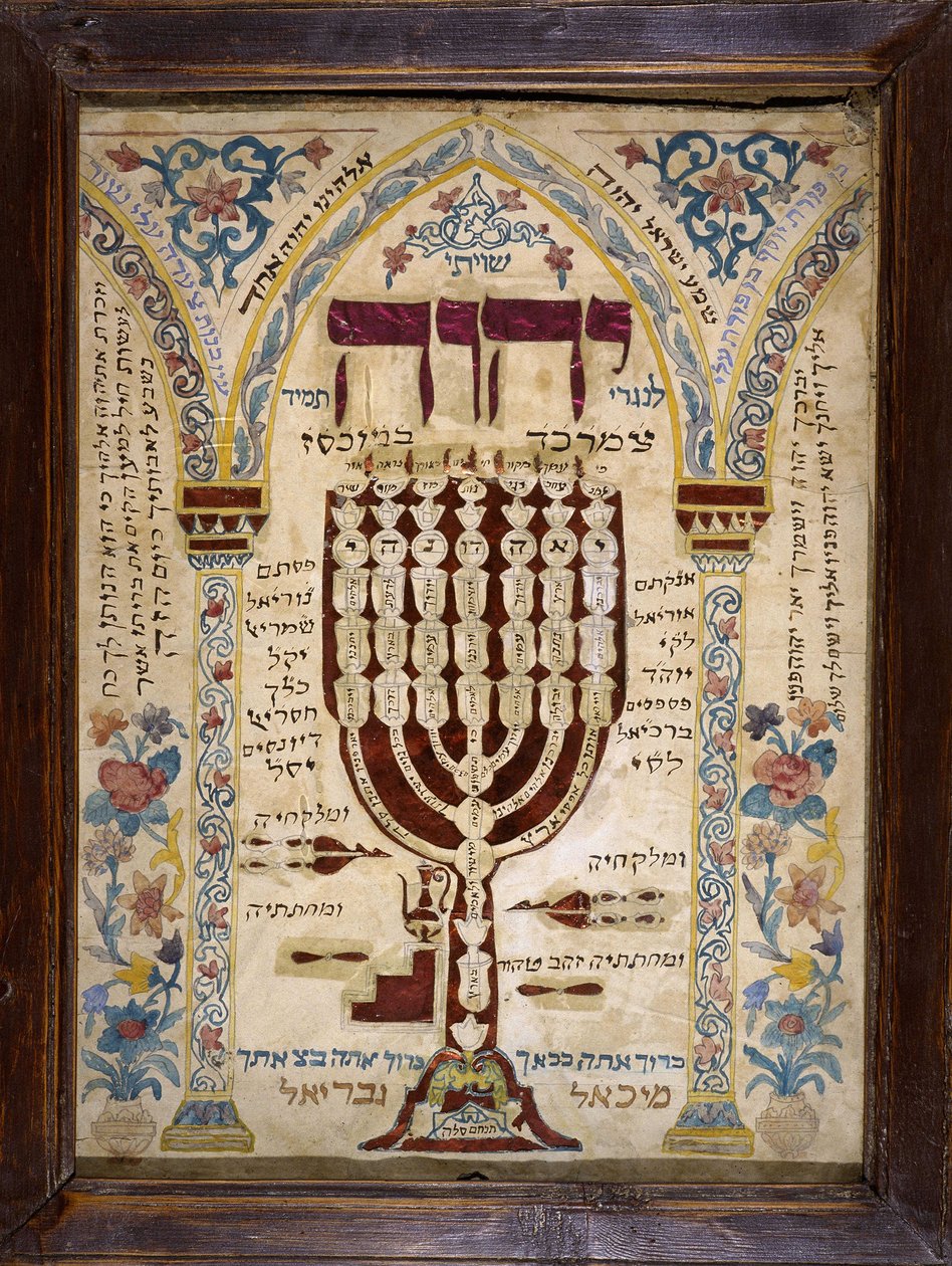 Elzasser Misrach die de richting van Jeruzalem aangeeft in de Joodse huizen en de Menorah of Menora (zevenarmige kandelaar) voorstelt. Musée d