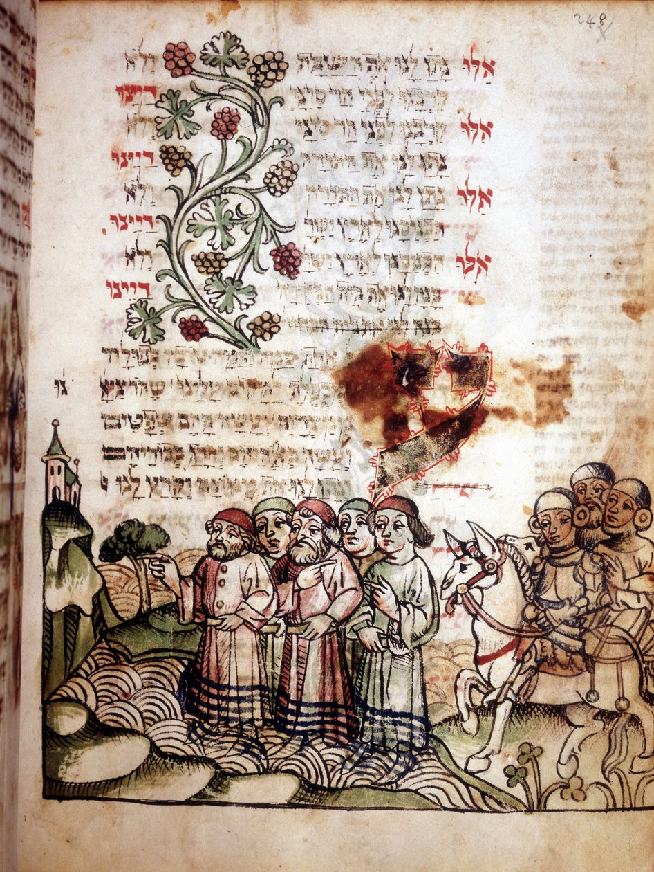 Bijbelse scène: Joden steken de Rode Zee over. Pagina van een Machazor, gebedenboek in het Hebreeuws. manuscript sd. door School Jewish