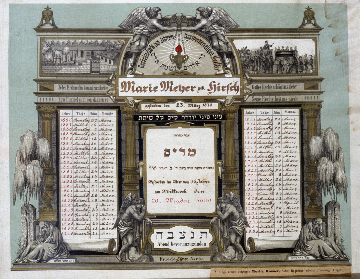 Herdenkingskalender voor toekomstige mortuariumdiensten van een overleden naaste. Jahrzeit schilderij. Joods Museum Basel, Zwitserland door School Jewish