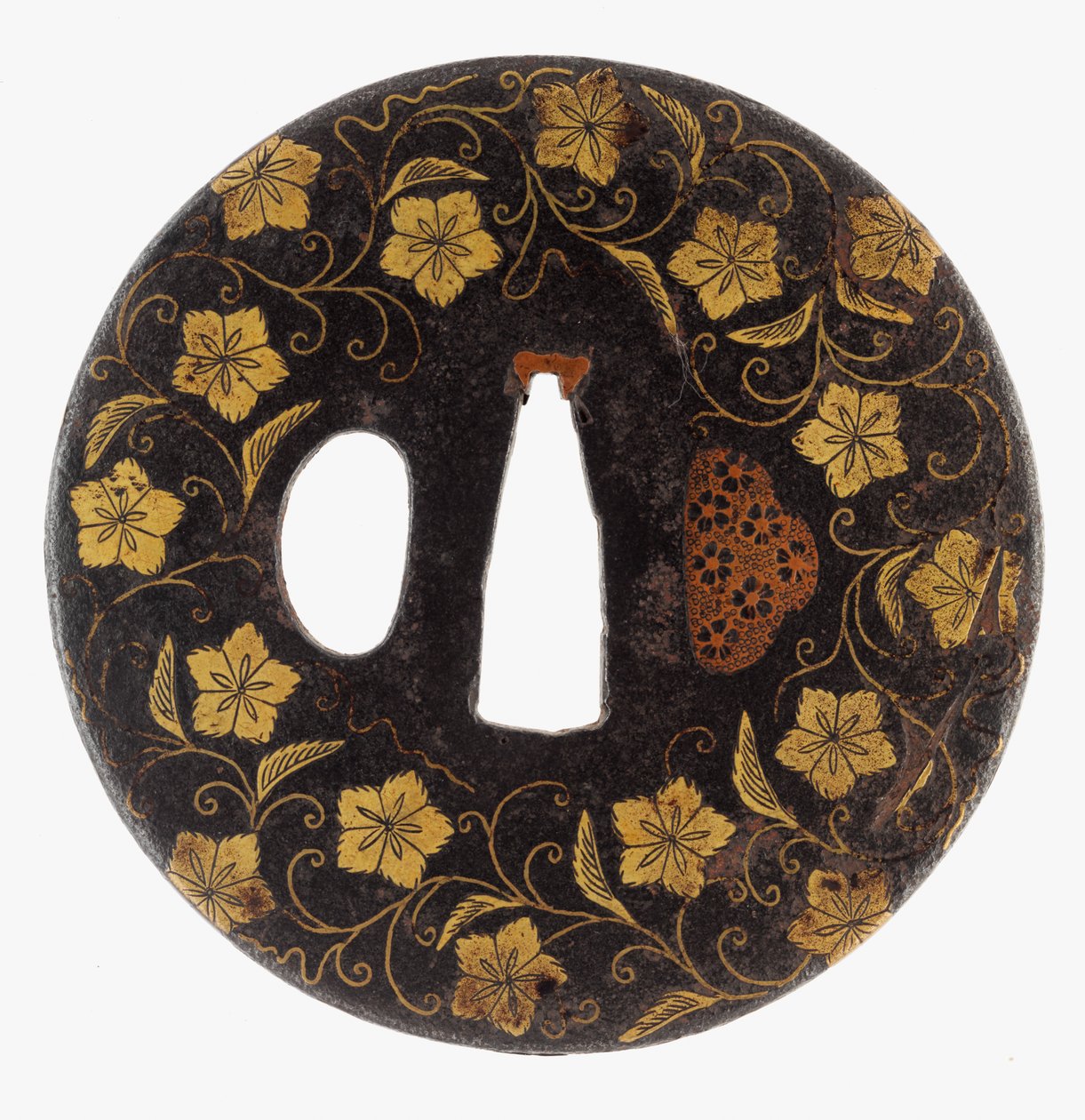 Tsuba: Bloemenrollen door School Kaga