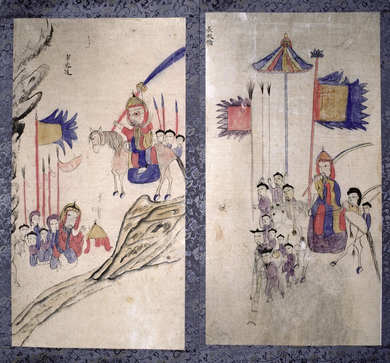 Een paneel van een achtvoudig scherm met een verhaal over de drie koninkrijken (natuurlijke pigmenten op papier) door School Korean