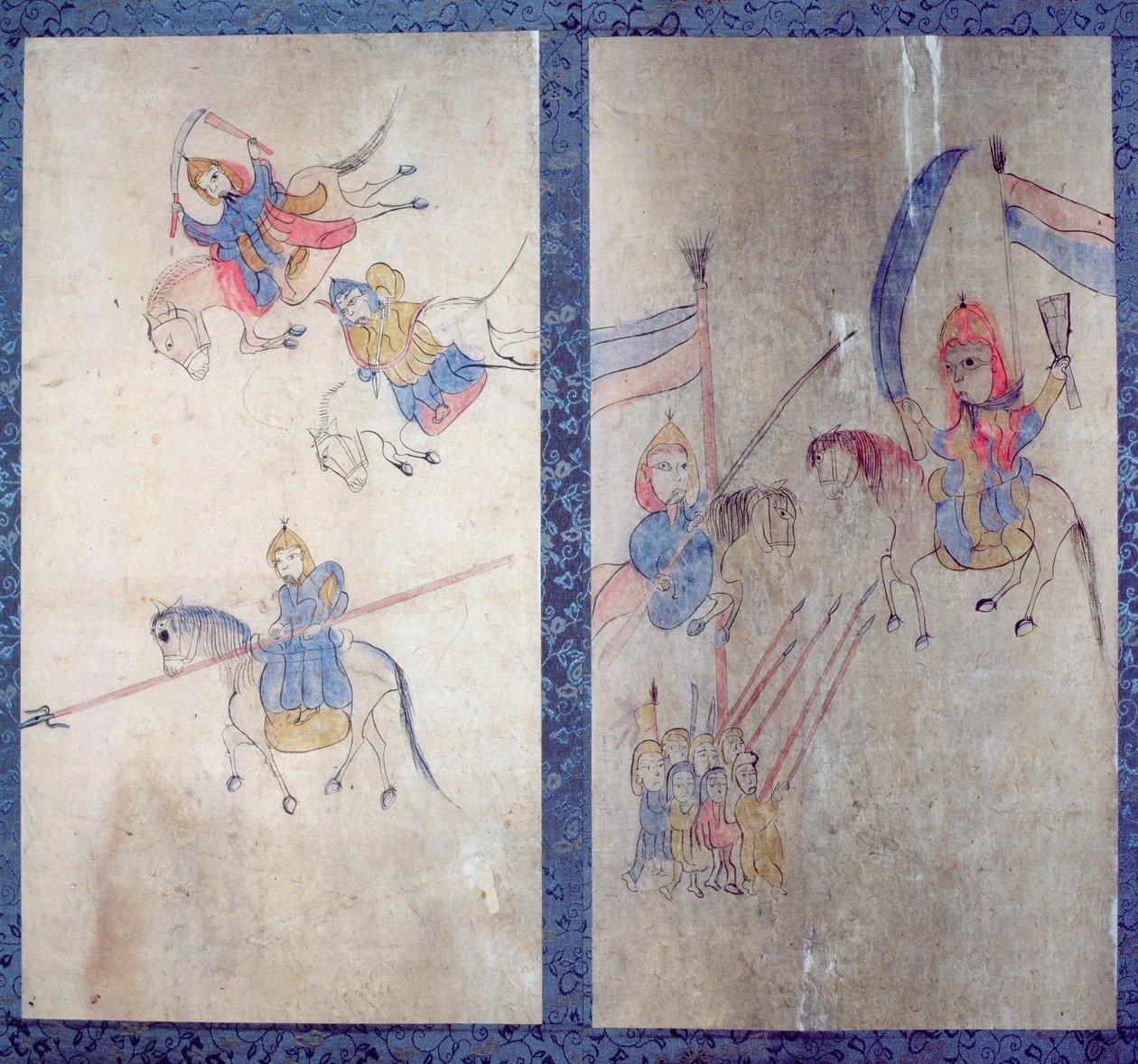 Een paneel van een achtvoudig scherm met een verhaal over de drie koninkrijken (natuurlijke pigmenten op papier) door School Korean