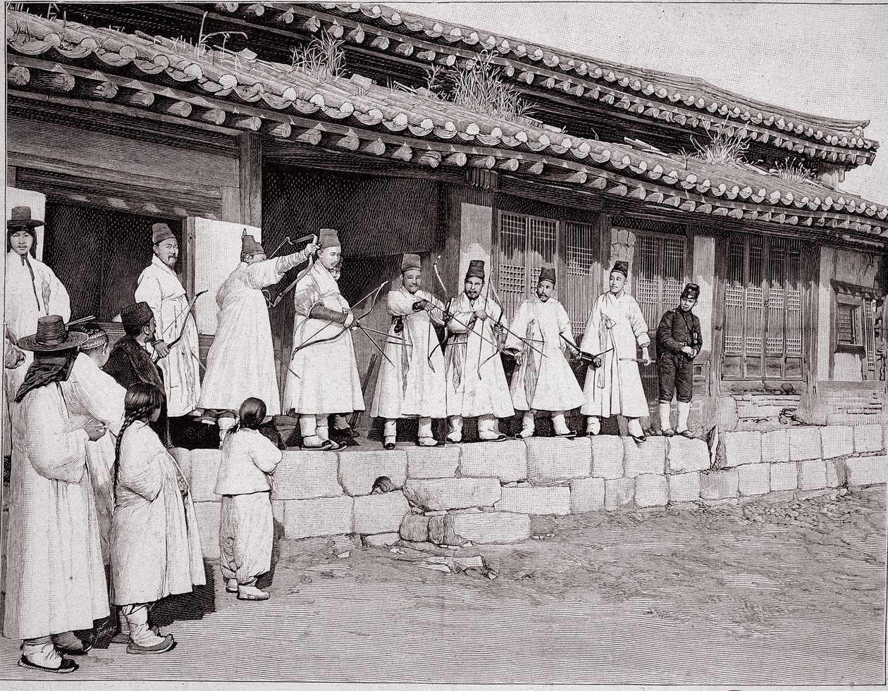 Boogschutters in het oude paleis van Seoul, Korea, eind 19e eeuw door School Korean