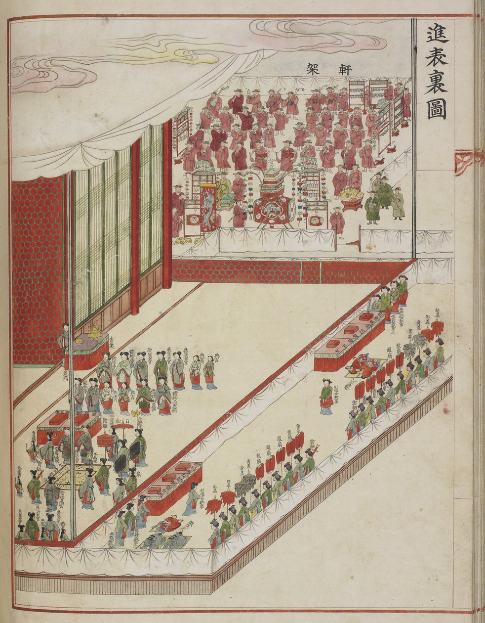 Koreaanse hofritueel. Pagina uit een hofmanuscript met de 60e verjaardag van de voltrekking in 1749 van het huwelijk van Lady Hyegyong en Kroonprins Sado door School Korean