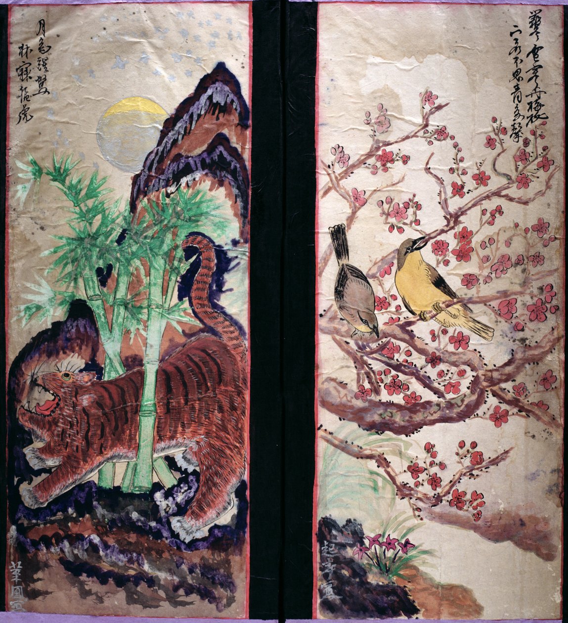 Twee panelen van een achtvoudig scherm met vogels en bloemen (natuurlijke pigmenten op papier) door School Korean