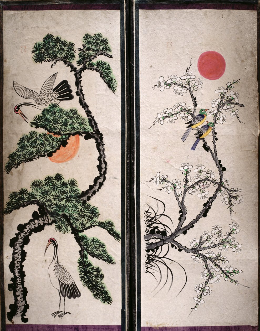 Twee panelen van een achtvoudig scherm met vogels en bloemen (natuurlijke pigmenten op papier) door School Korean