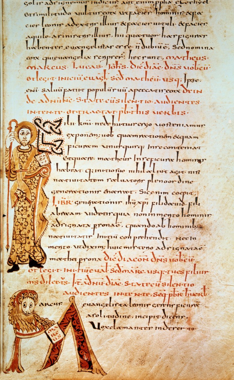 Sint Mattheüs; letter M (hoofd van de leeuw van Sint Marcus). Pagina in "Sacramentarium van Gellone", folio 42 (verlicht door David, ca. 790, Frankrijk) door School Merovingian
