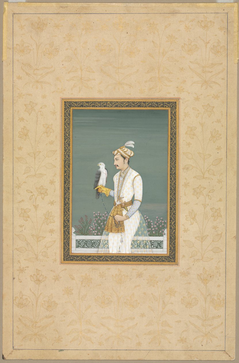 Portret van een prins met een havik door School Mughal