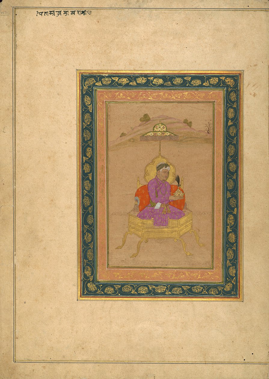 De 3e Mughal-keizer Akbar zittend op de koninklijke troon terwijl hij zijn kroon vasthoudt door School Mughal
