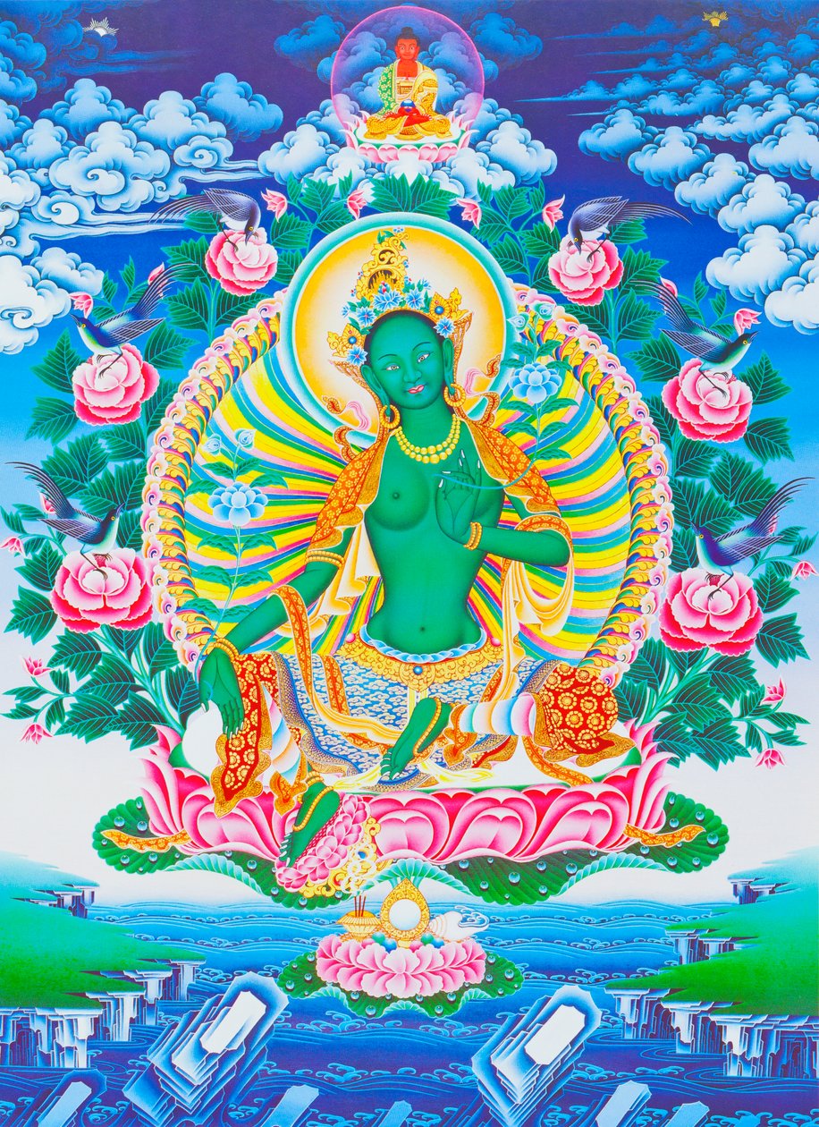 Afbeelding van de groene Tara, de moederlijke beschermer tegen alle gevaren in de oceaan van het bestaan door School Nepalese