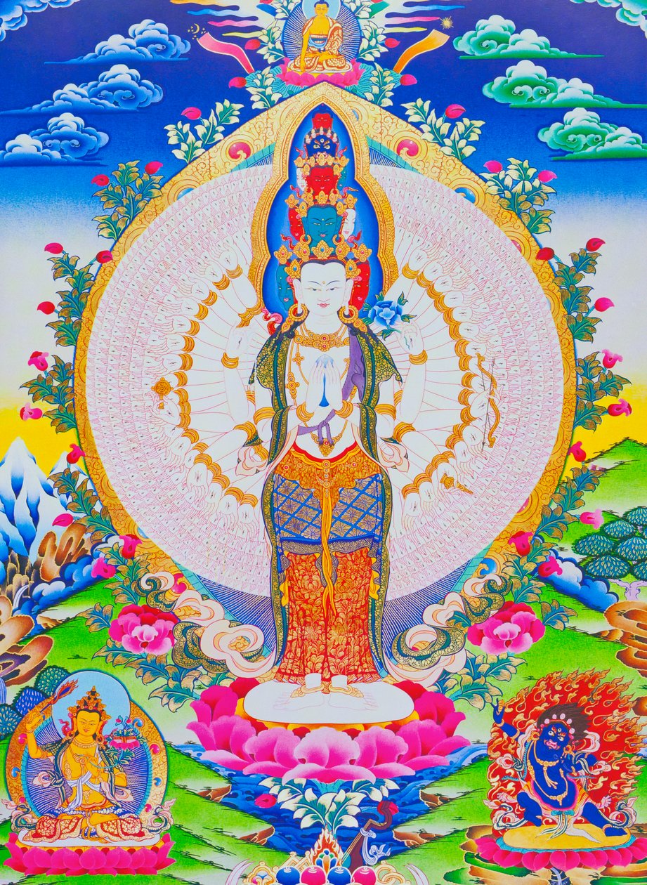 Afbeelding van de duizendarmige Avalokiteshvara, de elfhoofdige Avalokiteshvara met duizend armen en 1022 ogen die oneindig mededogen symboliseren door School Nepalese