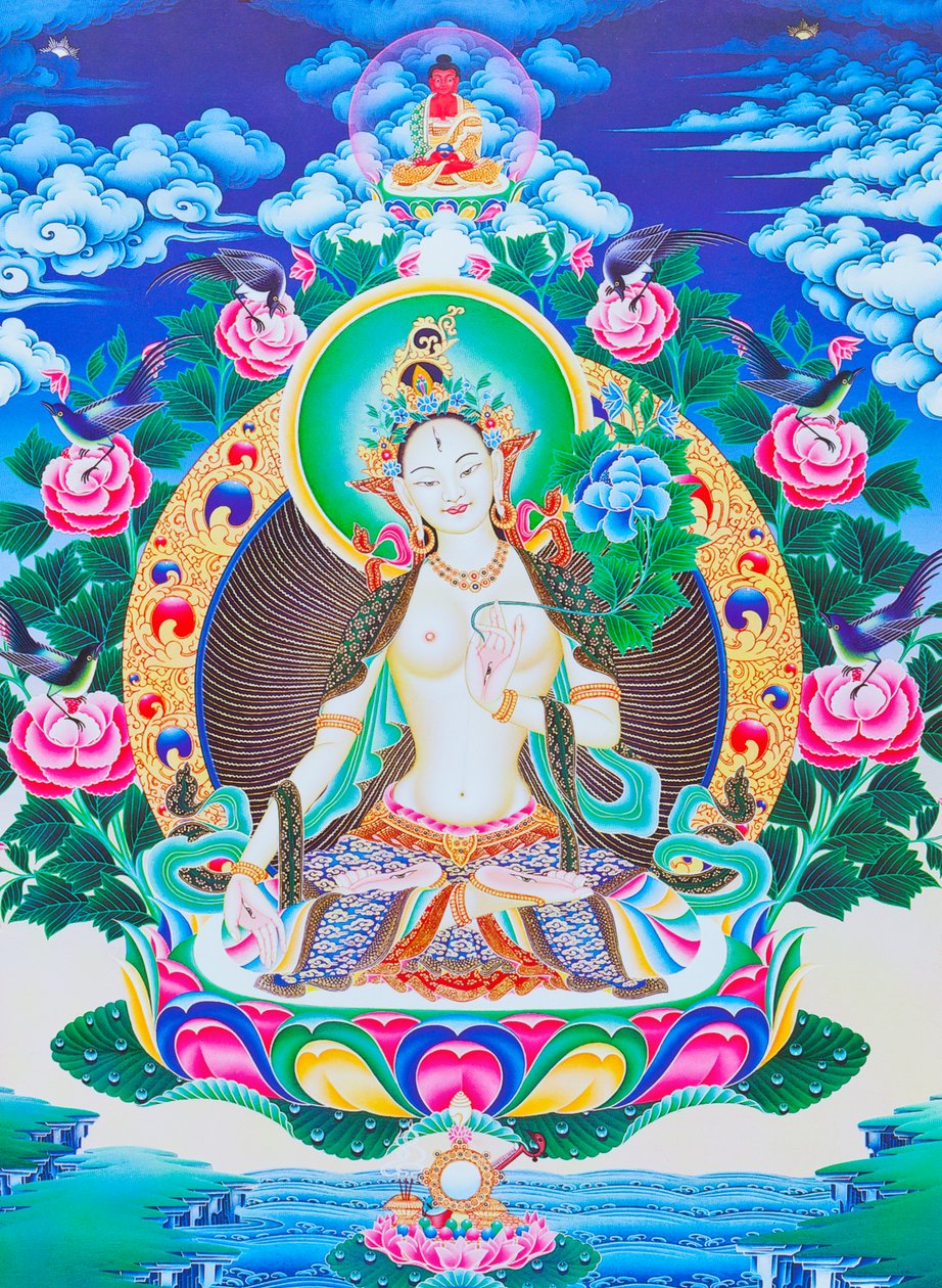 Afbeelding van de witte Tara, de zevenogige goddelijke moeder zittend op een lotus met haar rechterhand in varada mudra positie symboliseert vrijgevigheid door School Nepalese