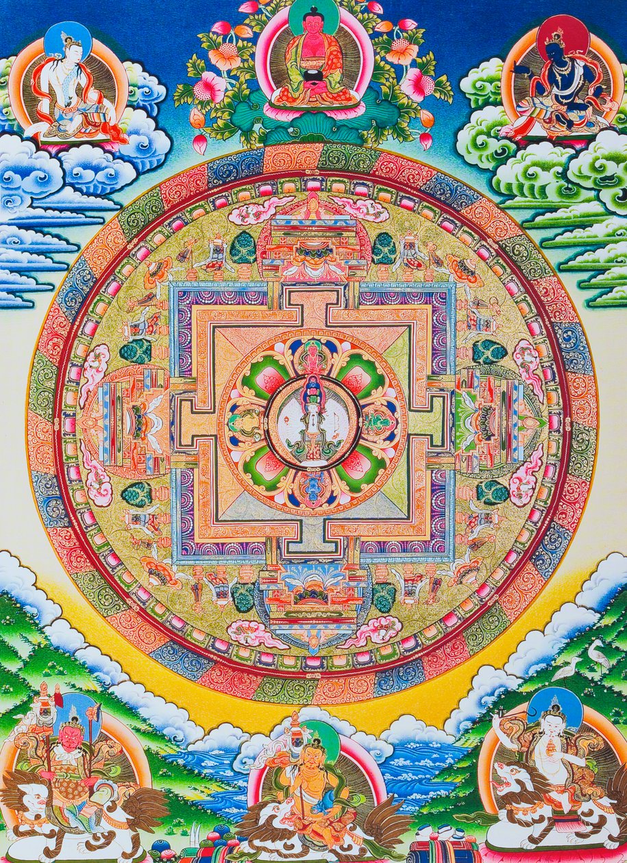 Mandala met duizend armen Avalokiteshvara; de heilige, magische cirkel die de elfkoppige Bodhisattva symboliseert die oneindig mededogen vertegenwoordigt door School Nepalese