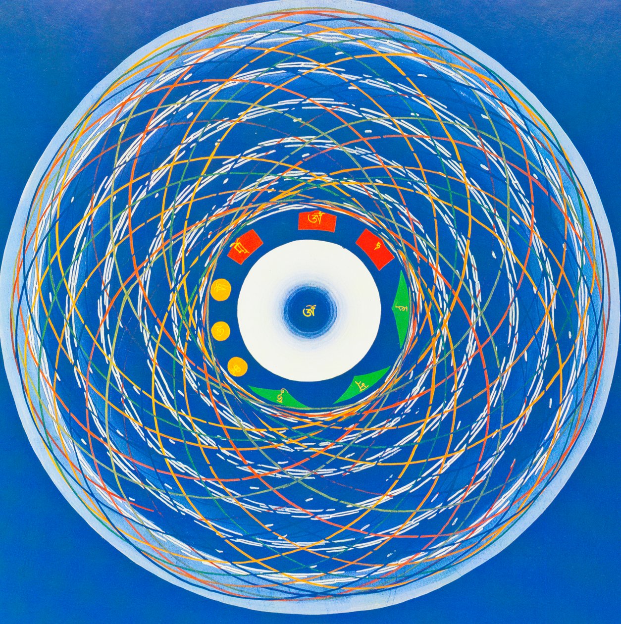 Om cosmo Mandala, die de heelheid, eenheid en vernieuwing uitbeeldt door School Nepalese