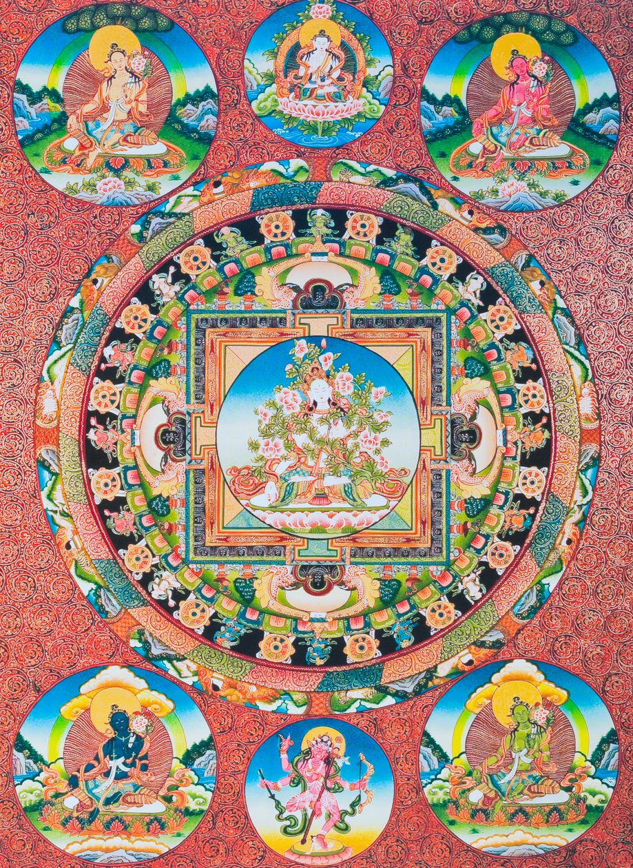 Witte Tara Mandala; de zevenogige vrouwelijke godheid van het boeddhistische pantheon die de godin van mededogen en de beschermer van mensen vertegenwoordigt door School Nepalese