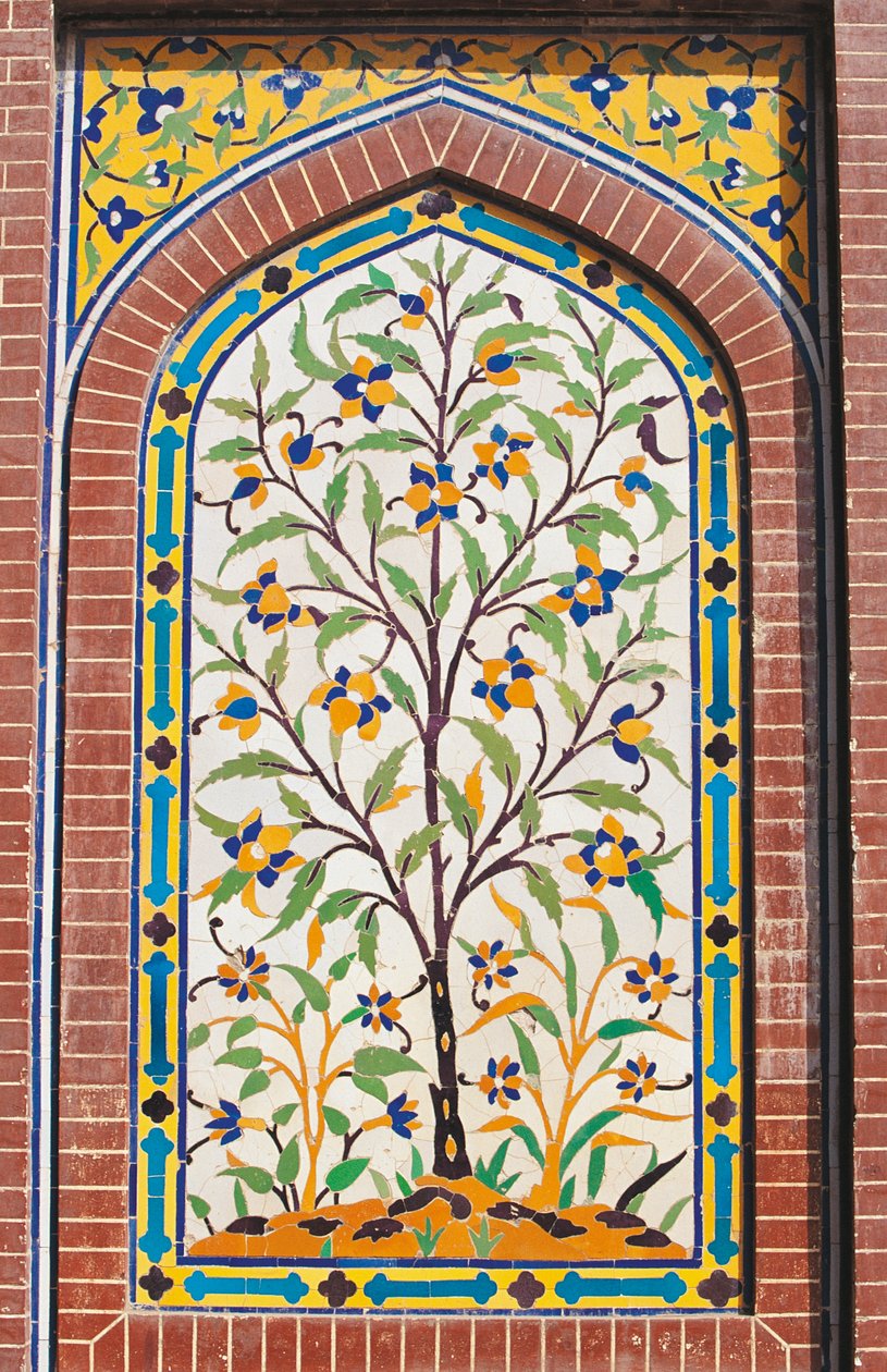 Bloeiende boom, Majolica-decoratie, Wazir Khan-moskee (17e eeuw), Lahore, Punjab, Pakistan door School Pakistani