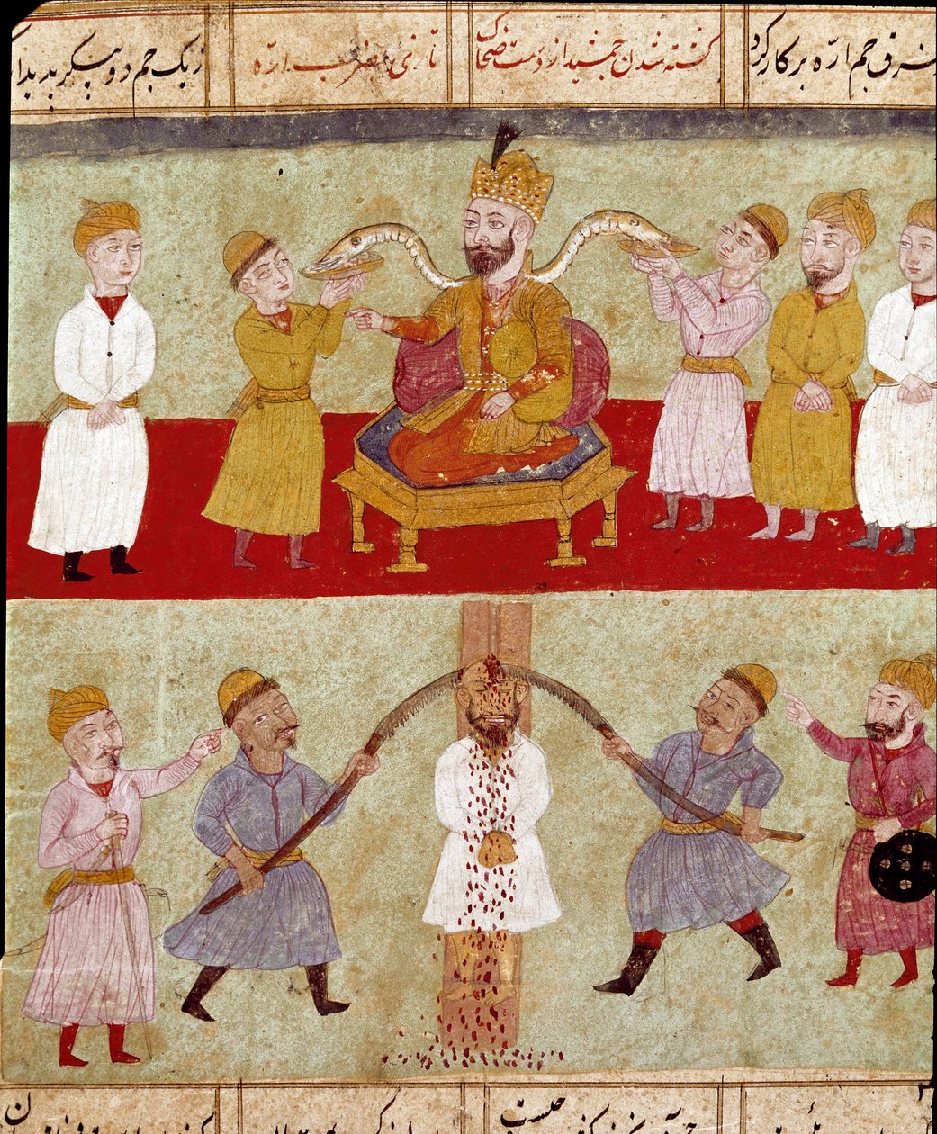 Islamitische kunst: een koning met zijn slangen gevoed door hovelingen door School Persian