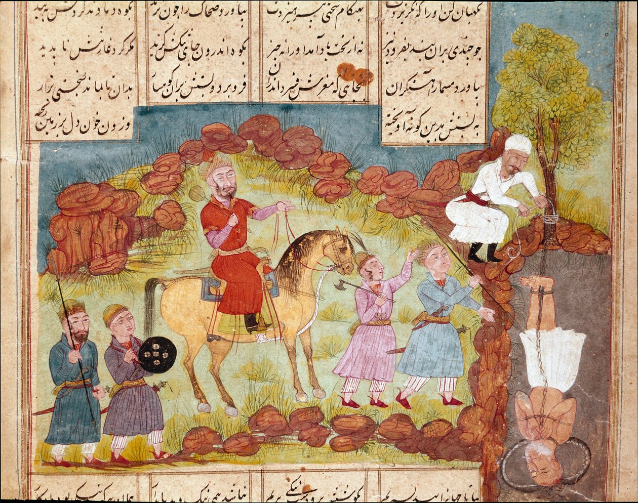 Islamitische kunst: martelscène van een vijand, levend begraven aan de voet van een boom door School Persian