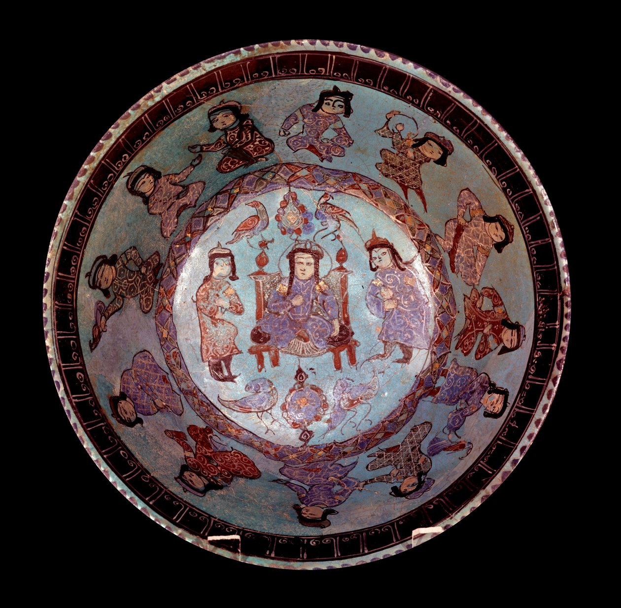 Perzische kunst: polychrome conische kom op een blauwe achtergrond met een prins zittend op zijn troon tussen twee pages. Privécollectie door School Persian