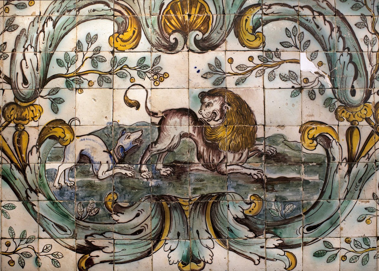 Hond die een leeuw bedreigt (detail) door School Portuguese