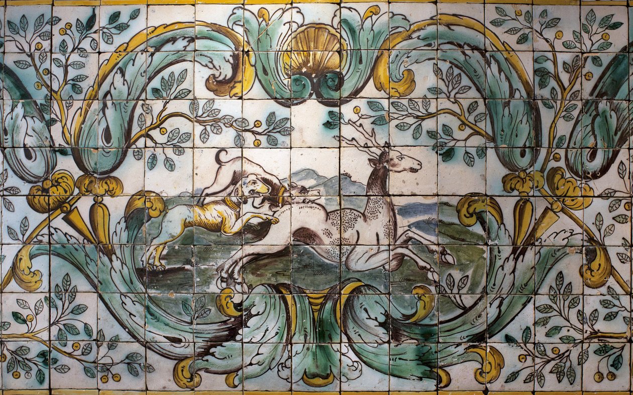 Honden jagen op een hert (detail) door School Portuguese