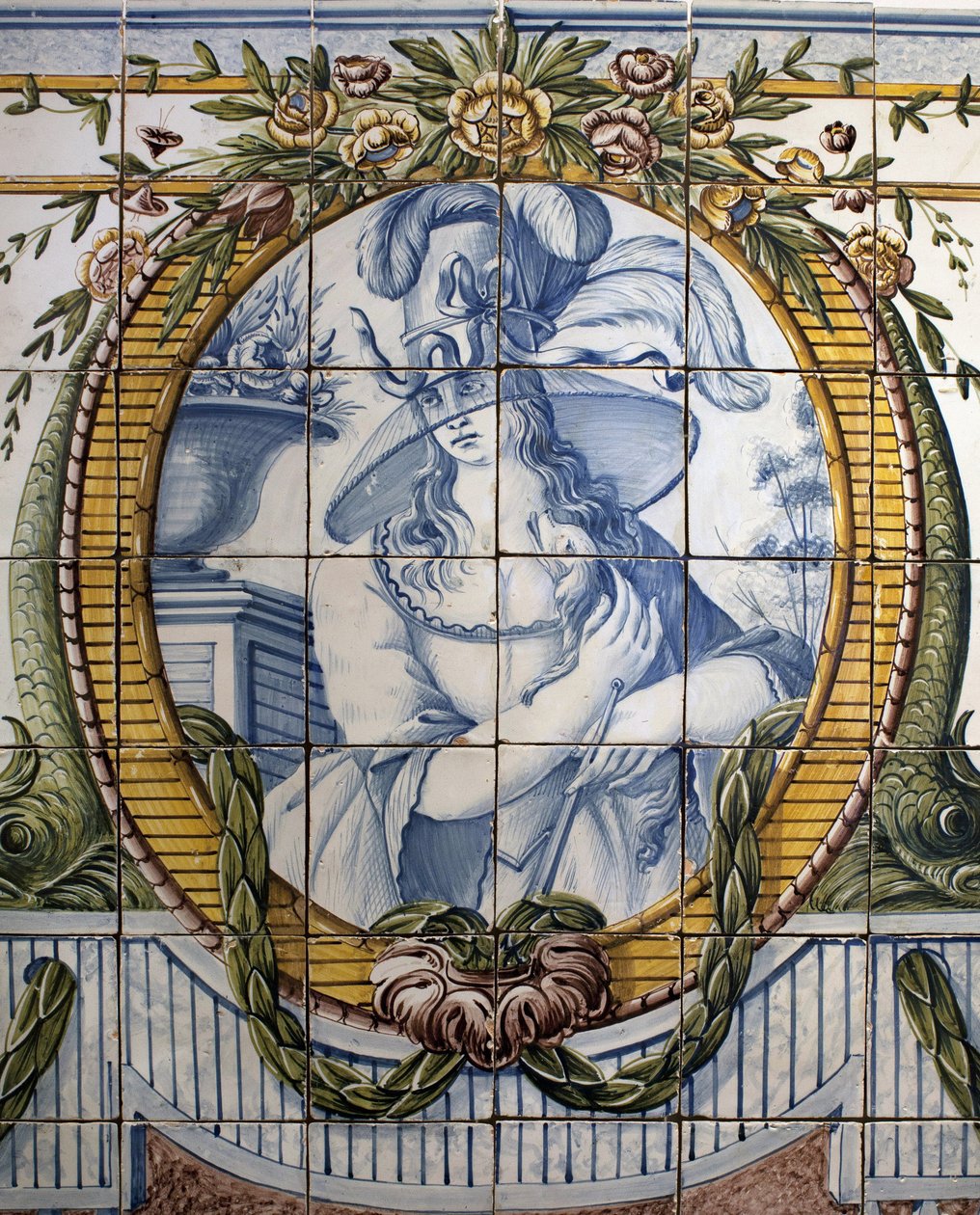Ornamentaal paneel met een portret van een vrouw, Koninklijke fabriek van Louca, een Rato, faience poychrome door School Portuguese