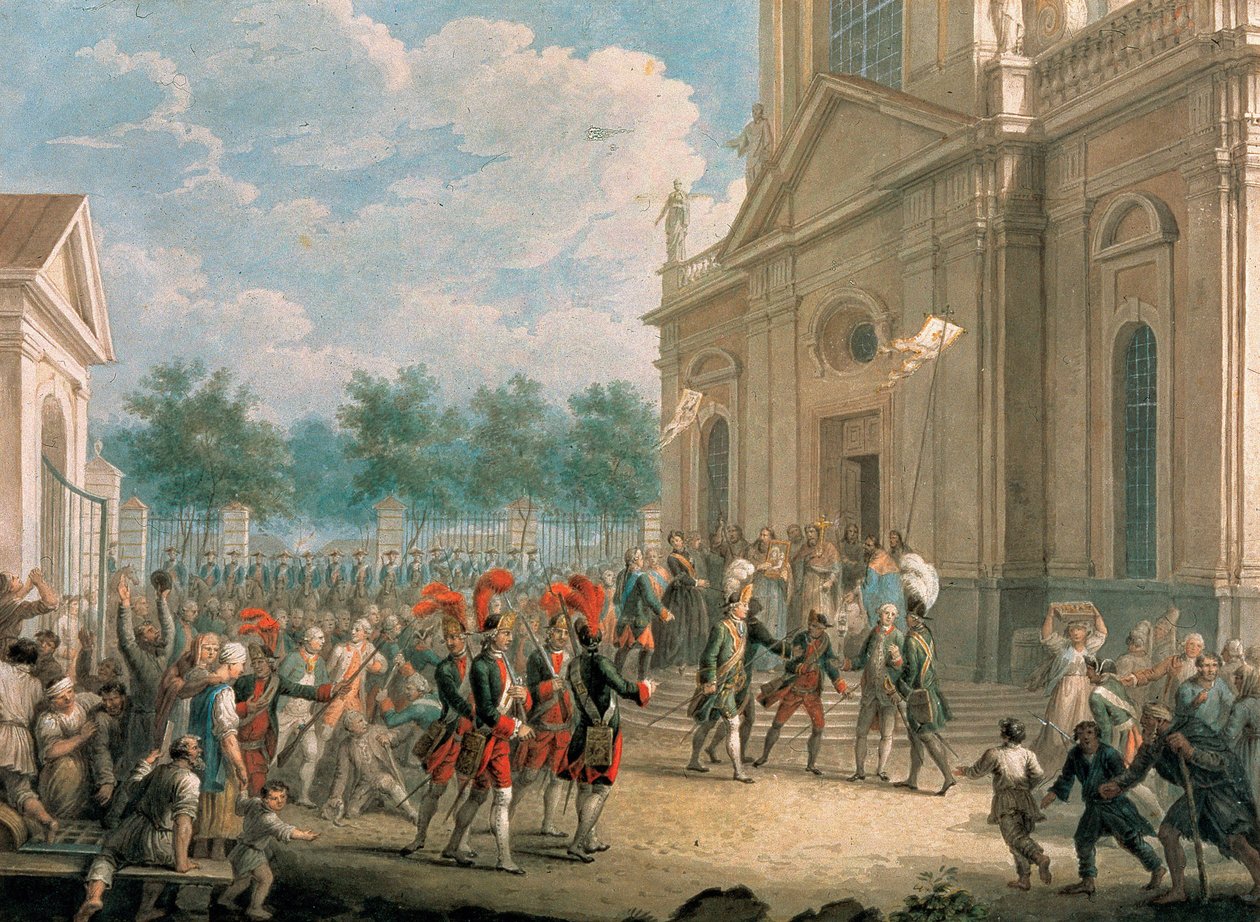 Catharina II op de trap van de Kazankathedraal, begroet door de geestelijkheid op de dag van haar troonsbestijging, 28 juni 1762 door School Russian