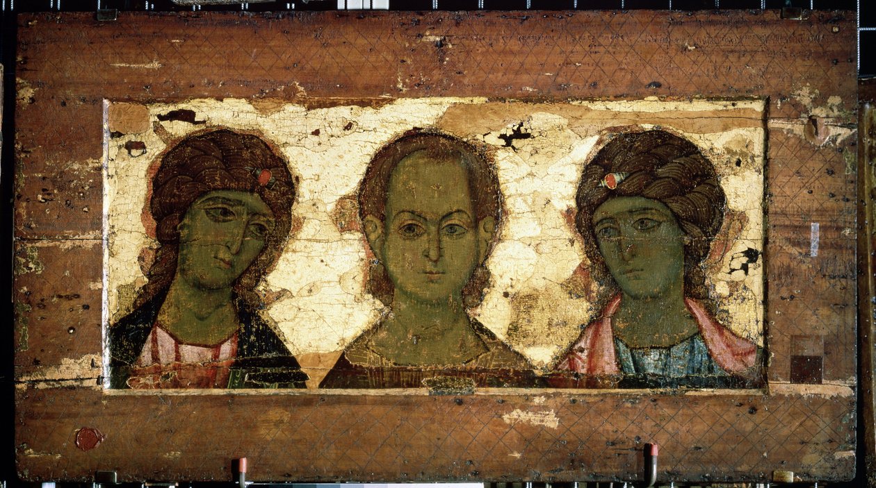 Christus Emmanuel omringd door de aartsengelen Michaël en Gabriël door School Russian