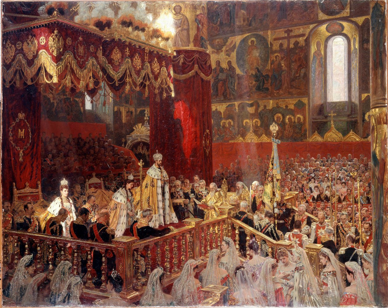 Kroning van Nicolaas II in 1896 in de Oesensky-kathedraal in Moskou door School Russian