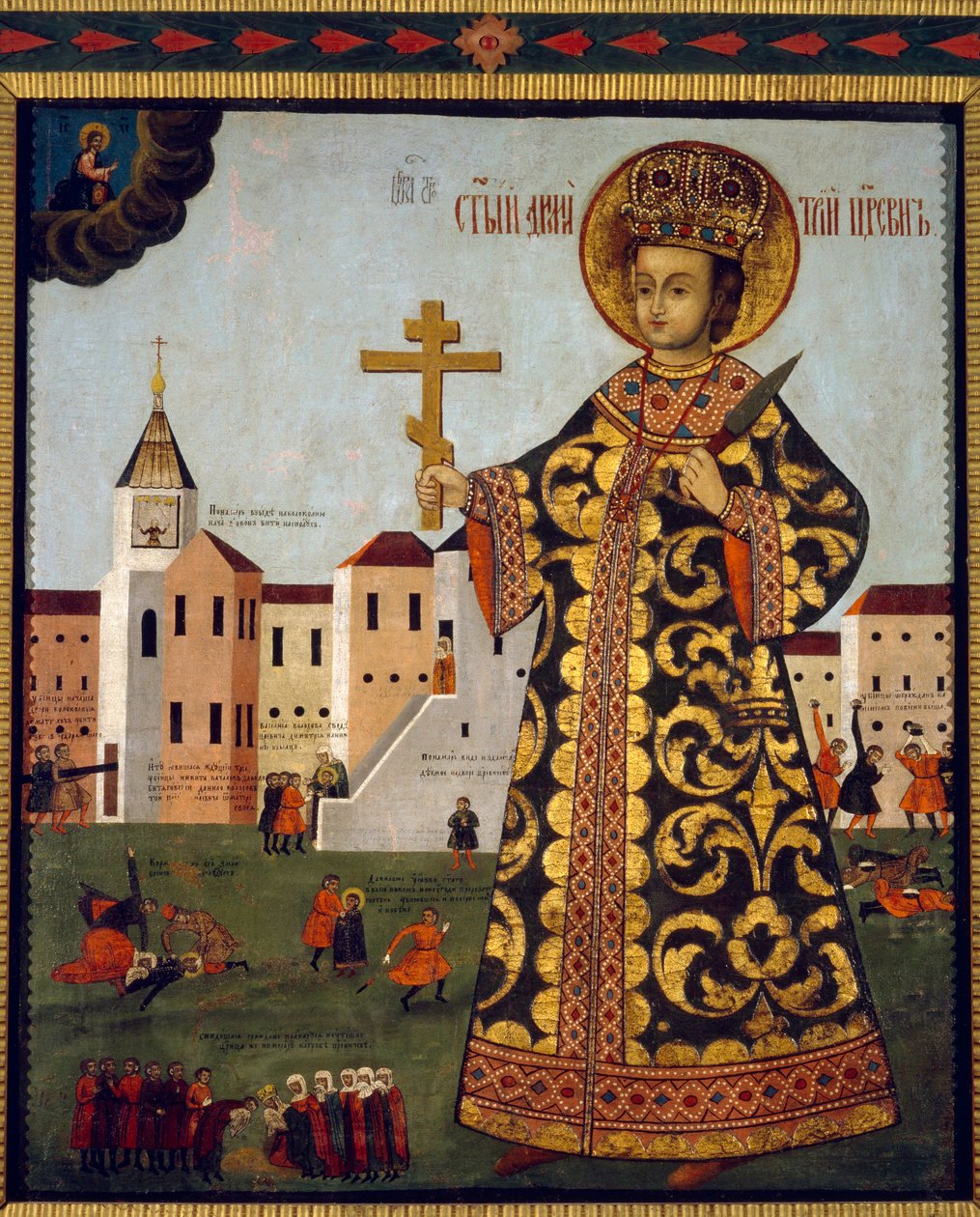 De tsarevitsj Demetrius (1582-1591) (of Dimitri van Moskou, voor de stad Oeglitsj, in Rusland). Anoniem schilderij, tempera op hout door School Russian