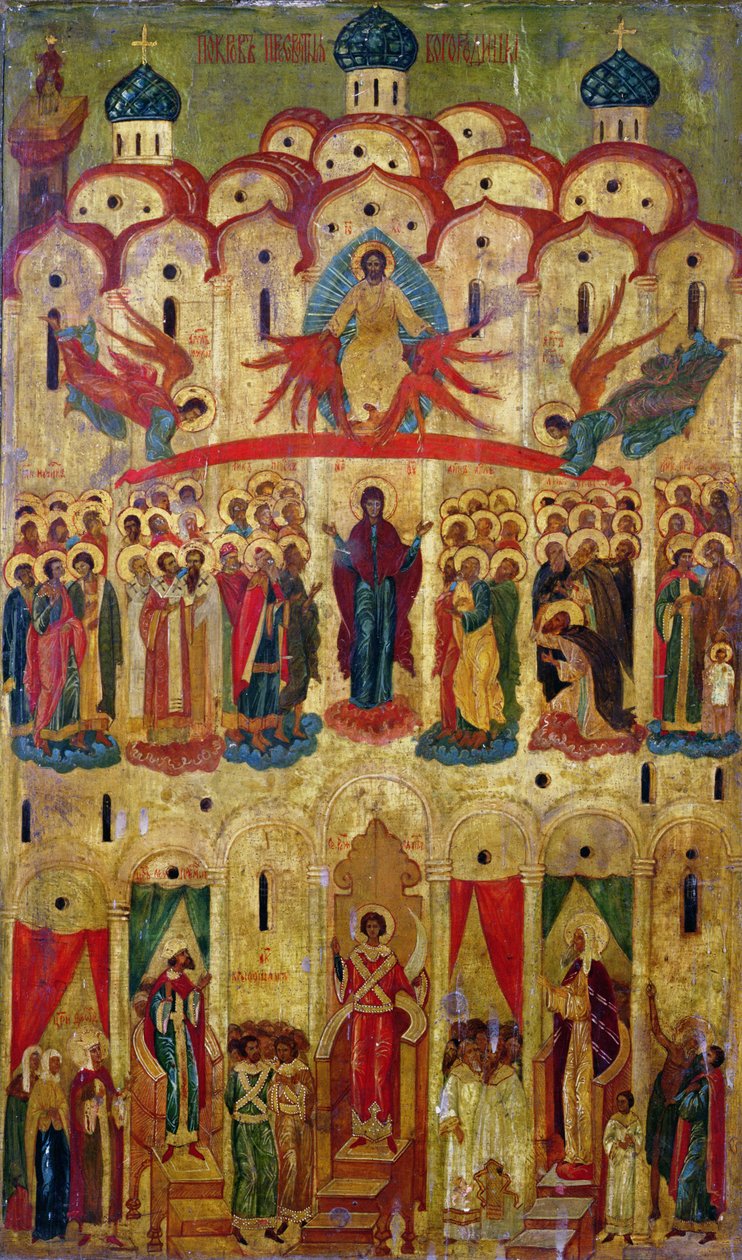 Pokrov Icoon (tempera op paneel) door School Russian