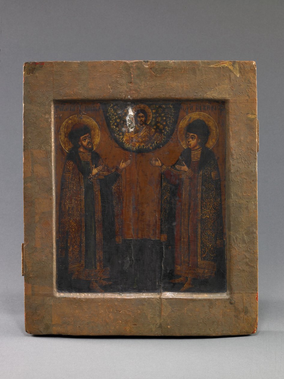 St. Boris en Gleb, vroeg 18e eeuw (tempera en papier op hout) door School Russian