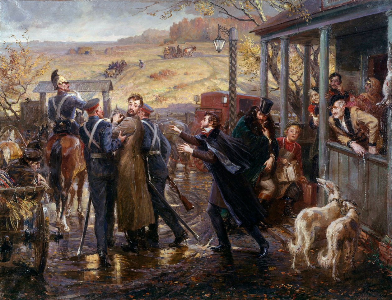 De Russische dichter Alexander Poesjkin (1799-1837) ontmoet zijn Decembrist vriend Kukhelbacker die vertrekt naar Zabaze treinstation in 1827 door School Russian