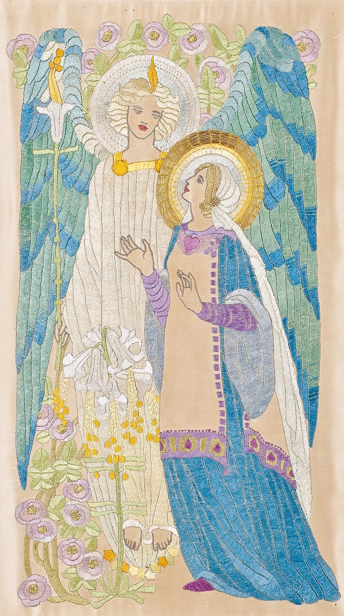 De Annunciatie, Glasgow schoolborduurwerk, ca. 1910 (zijde en gouddraad) door School Scottish