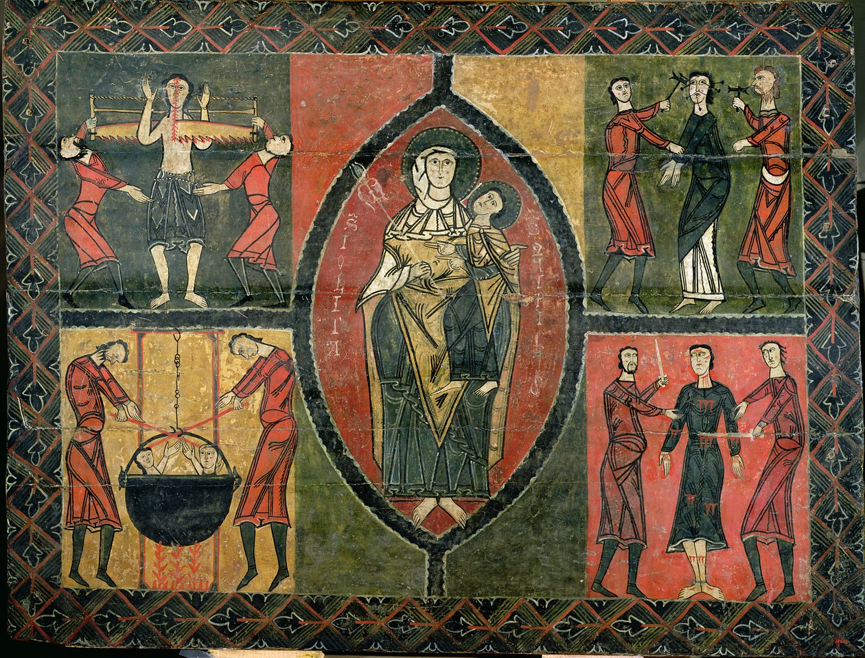 Altaar met een voorstelling van St. Quirze en St. Julita met vier begeleidende scènes van het martelaarschap van heiligen, Kerk van Sant Quirze i Santa Julita, Durro (tempera op paneel) door School Spanish